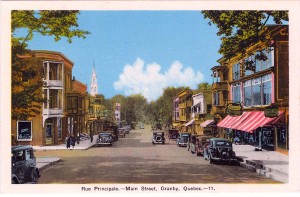 Granby, rue Principale, vers 1935. Carte postale, PECO, Ottawa.