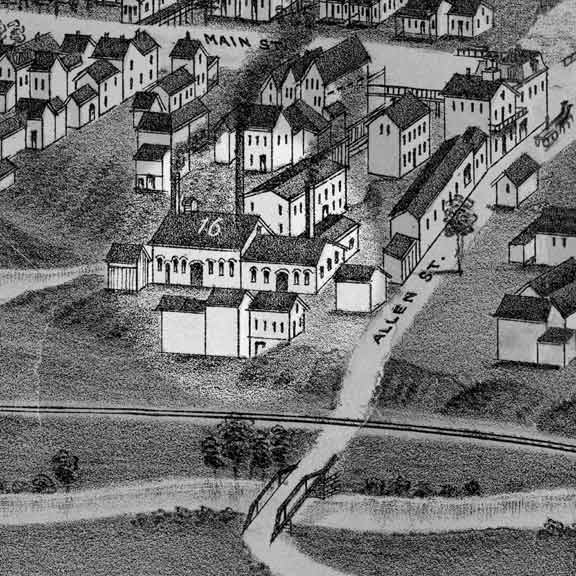 Waterloo - 1881 Les installations de la fonderie Allen, Taylor & Co rue de la Fonderie, en 1886. (Bird's eye view, Waterloo, 1881, auteur inconnu)