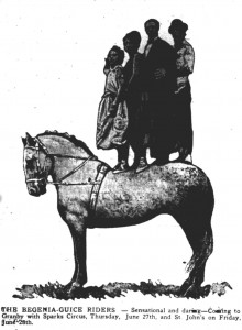 Les Begenia-Guices Riders sont des acrobates équestres de renom (The Granby Leader-Mail, 21 juin 1929, p. 5)