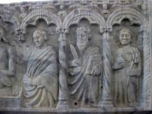 Selon toute vraisemblance, les personnages à la droite du Christ sont : saint Jean, saint Barthélemy et l’archange Raphaël. (Coll. Société d’histoire de la Haute-Yamaska)