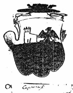 La version originelle des armoiries de la famille Da Caprona présente un aigle et un château à une seule tour. (Archivio di Sato di Firenze, Manoscritti - 635, carta 61)